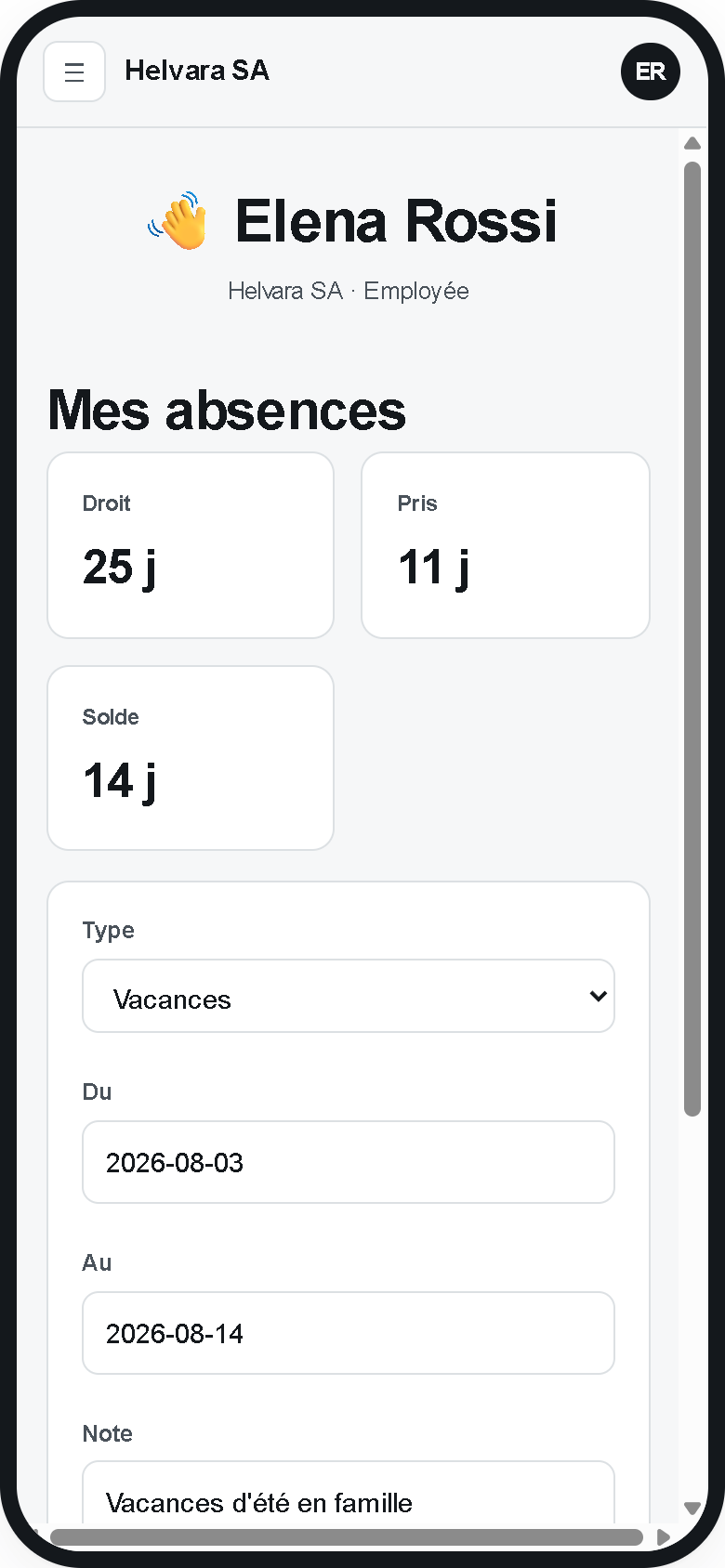 Mes absences - Helvara mobile