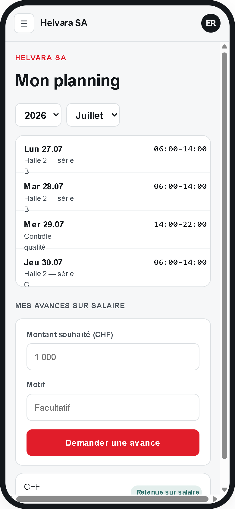 Planning et avances - Helvara mobile